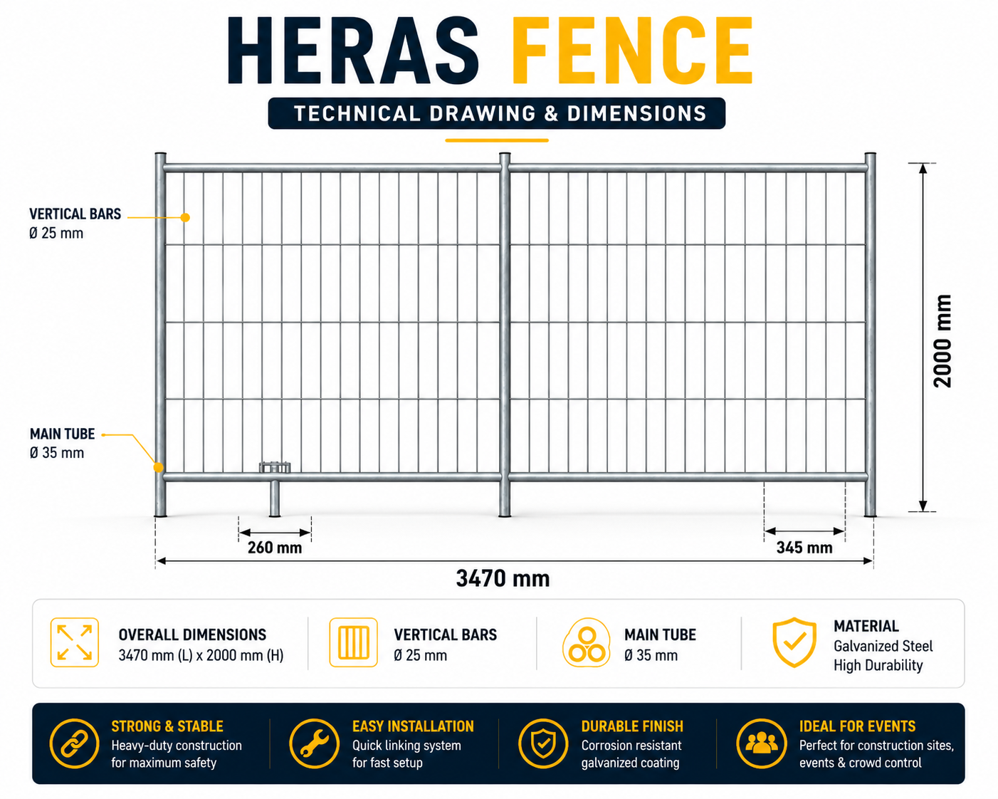 Heras Fence Technical Specification Drawing